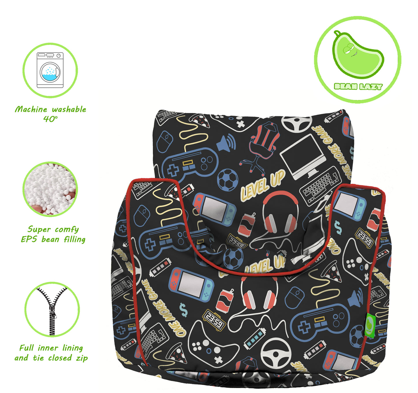 Cotton Black Gaming Bean Bag Arm Chair Toddler Size
